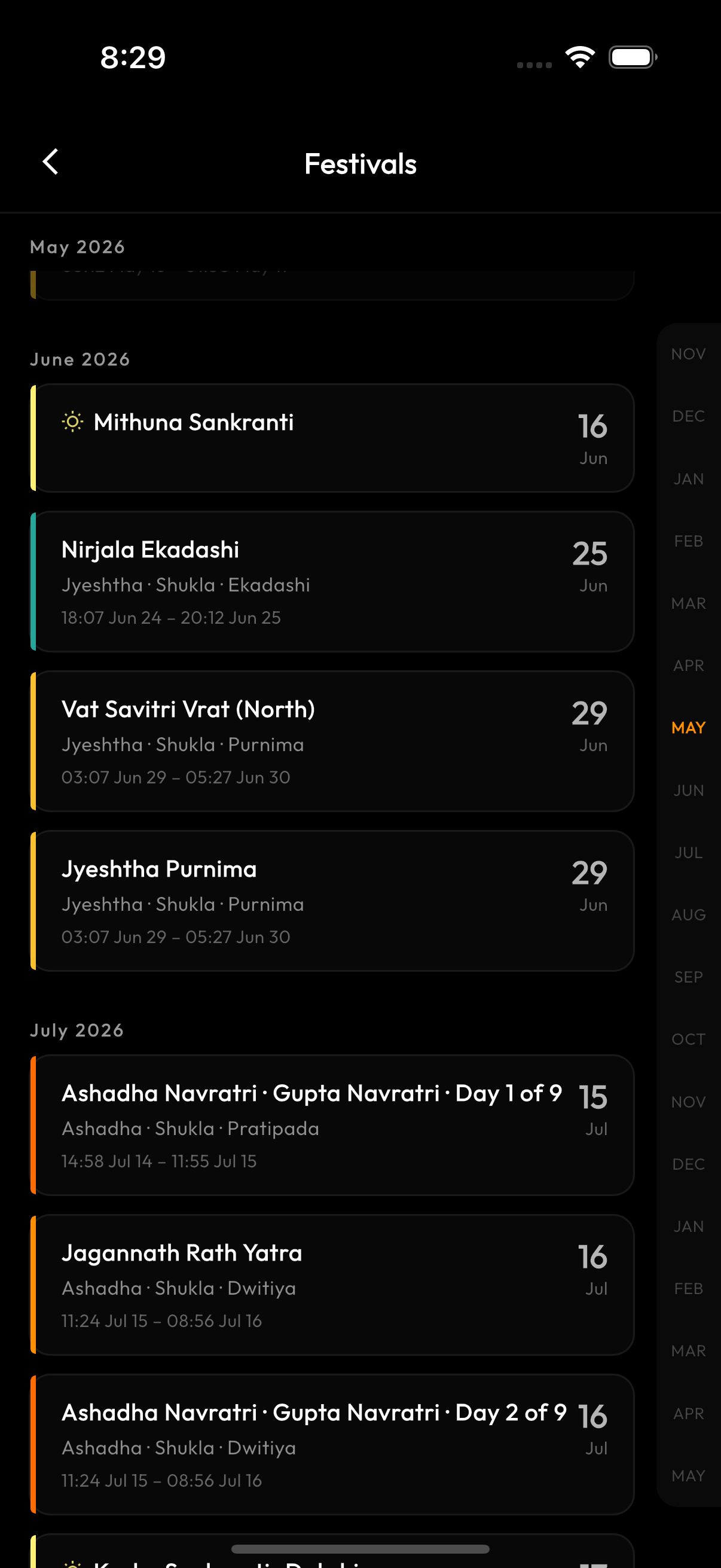 Festival calendar with sticky month headers